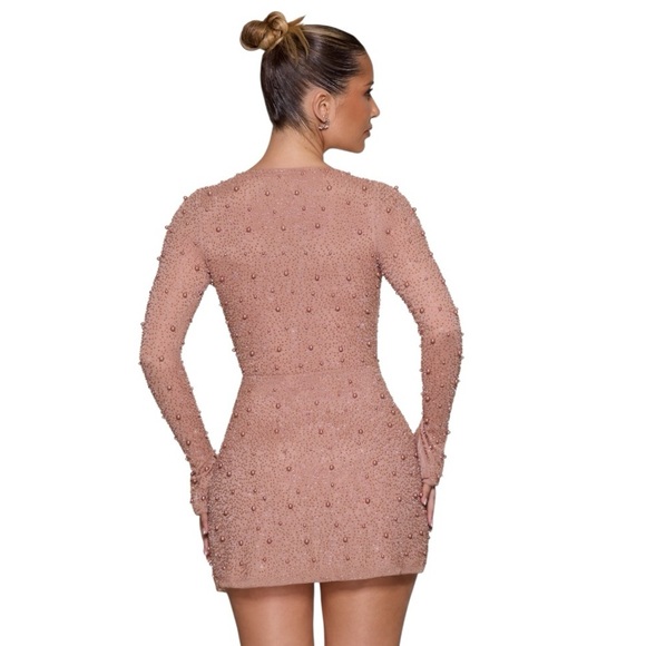 OH POLLY Chelsea Embellished Wrap Over A-Line Mini Dress Beige Pearl Sz 6 Party - Picture 5 of 12